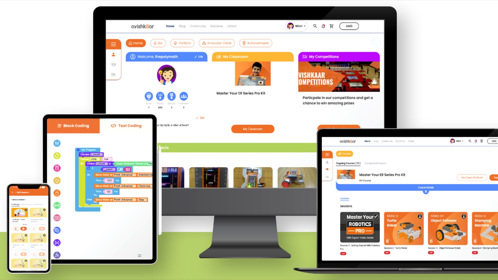 Final prototypes across desktop web app and hybrid mobile app, including block and text coding