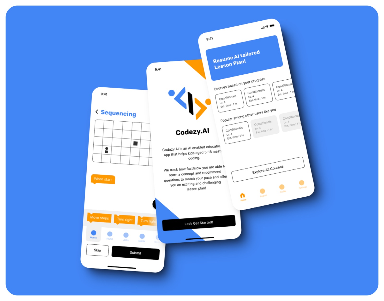 Codezy.AI mobile prototype — sequencing exercise, intro, and AI-tailored lesson plan