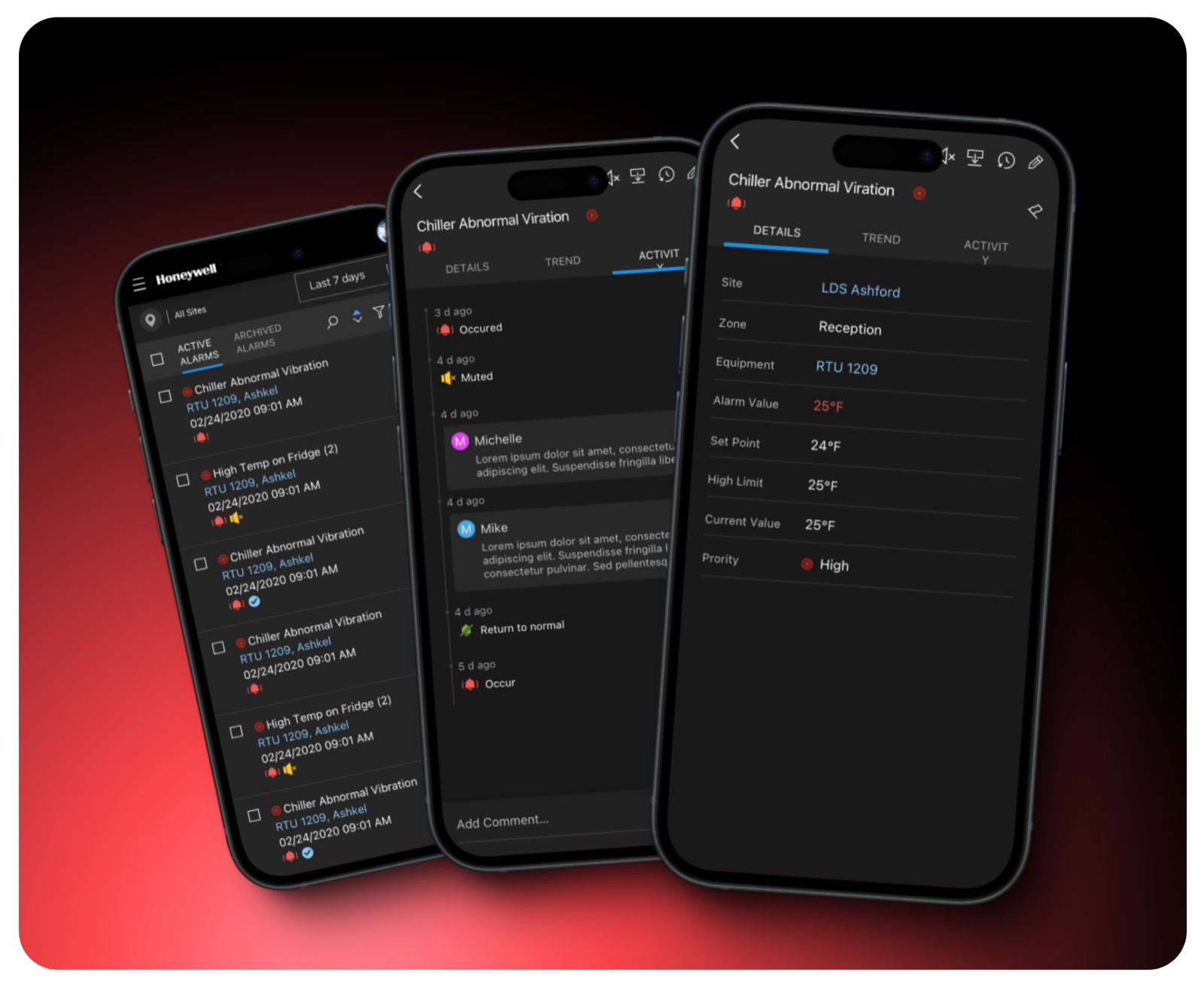 Alarms mobile prototype — list, activity timeline and alarm detail