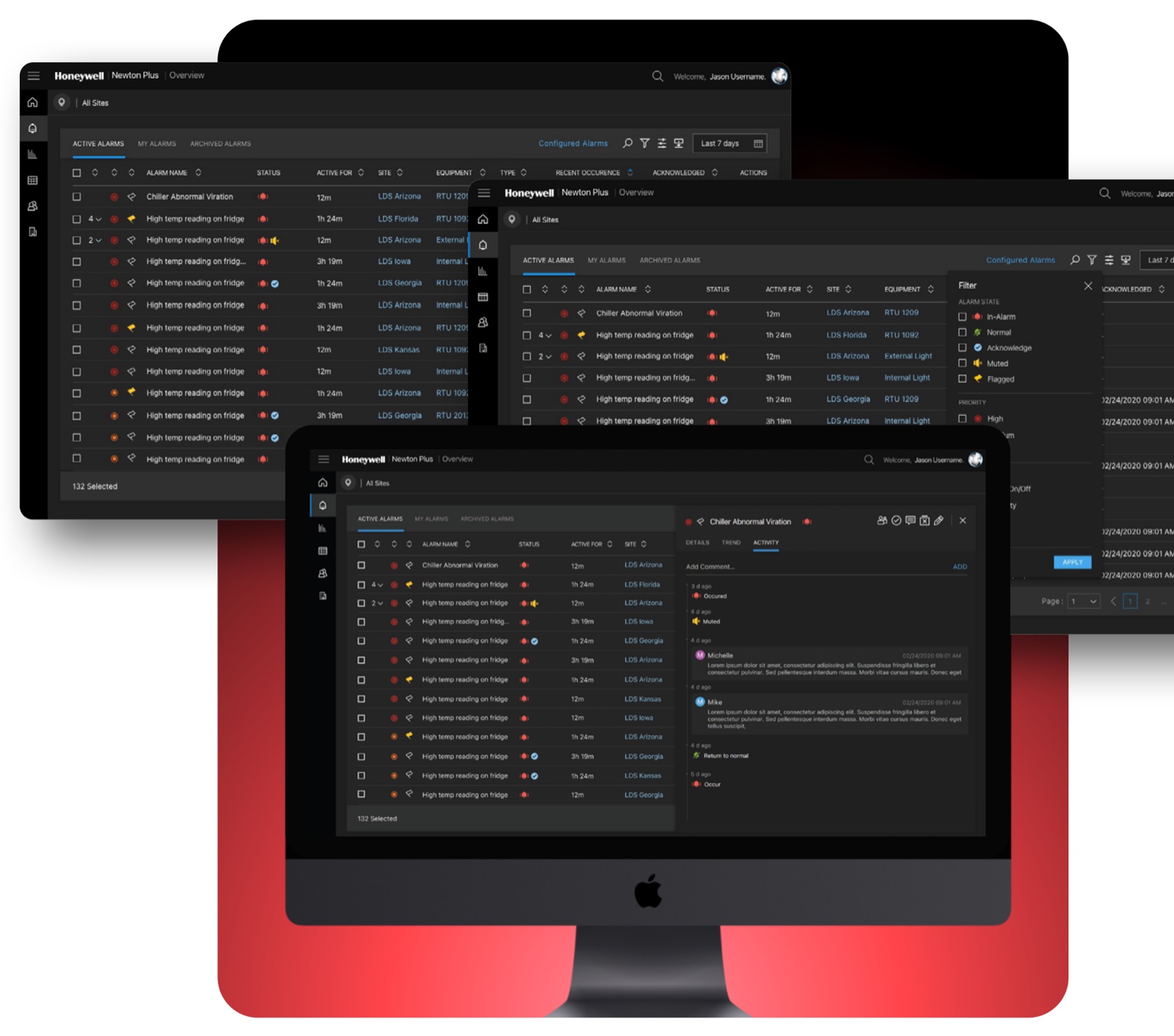 Redesigned Alarms with active/archived lists, filters, details, trends and activity