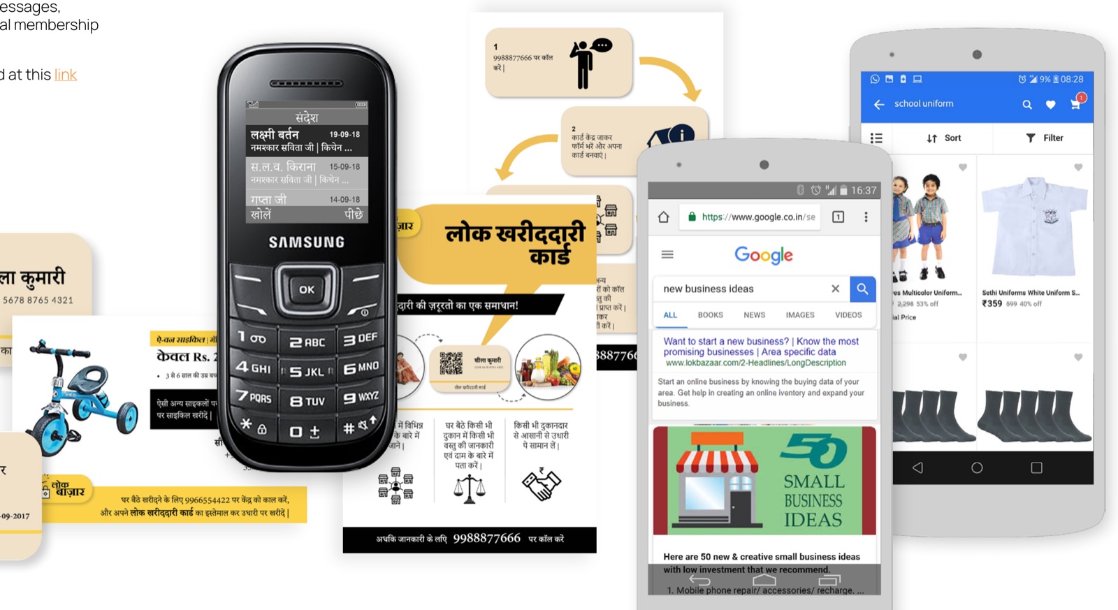 Demo artefacts — membership cards, SMS, newspaper flyers and mobile app flows