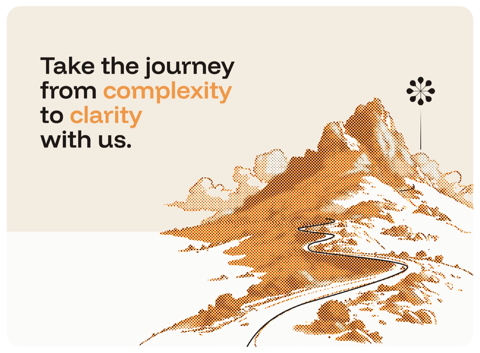 Oraczen brand identity — 'Take the journey from complexity to clarity' over a halftone mountain illustration
