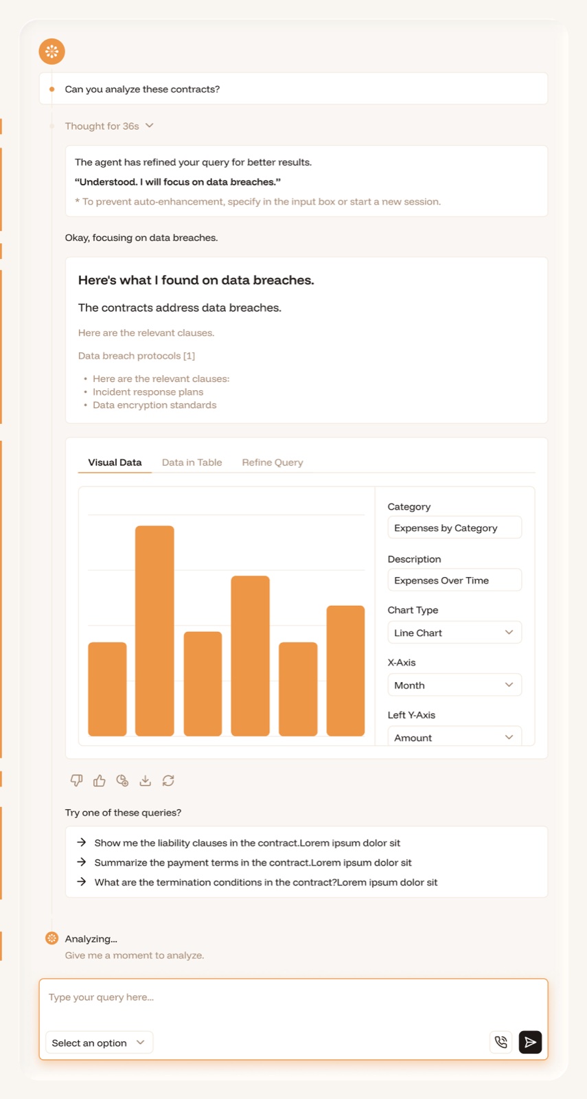 The Zen Vine modular chat composing thinking, text, rich data, charts and follow-up nodes along a single line
