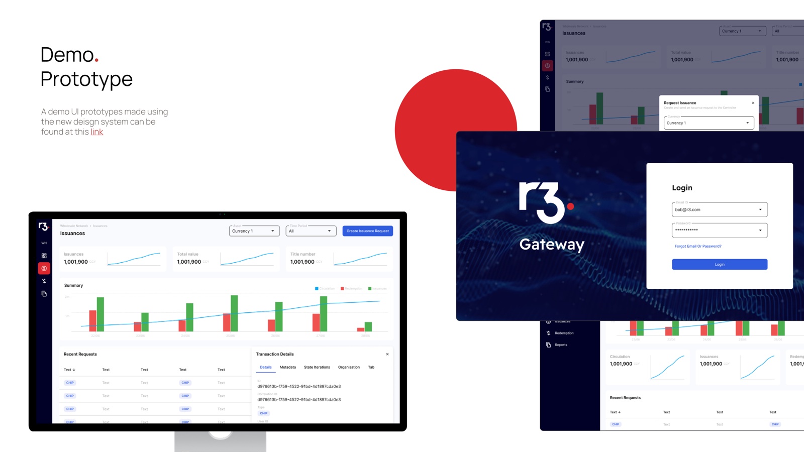Demo UI built with the new design system — issuances dashboard and R3 Gateway login