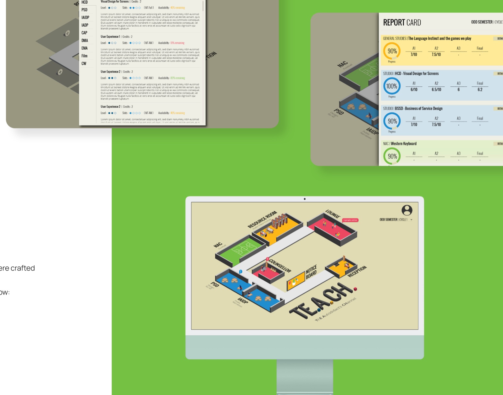 High-fidelity prototype — isometric campus map and a student report card