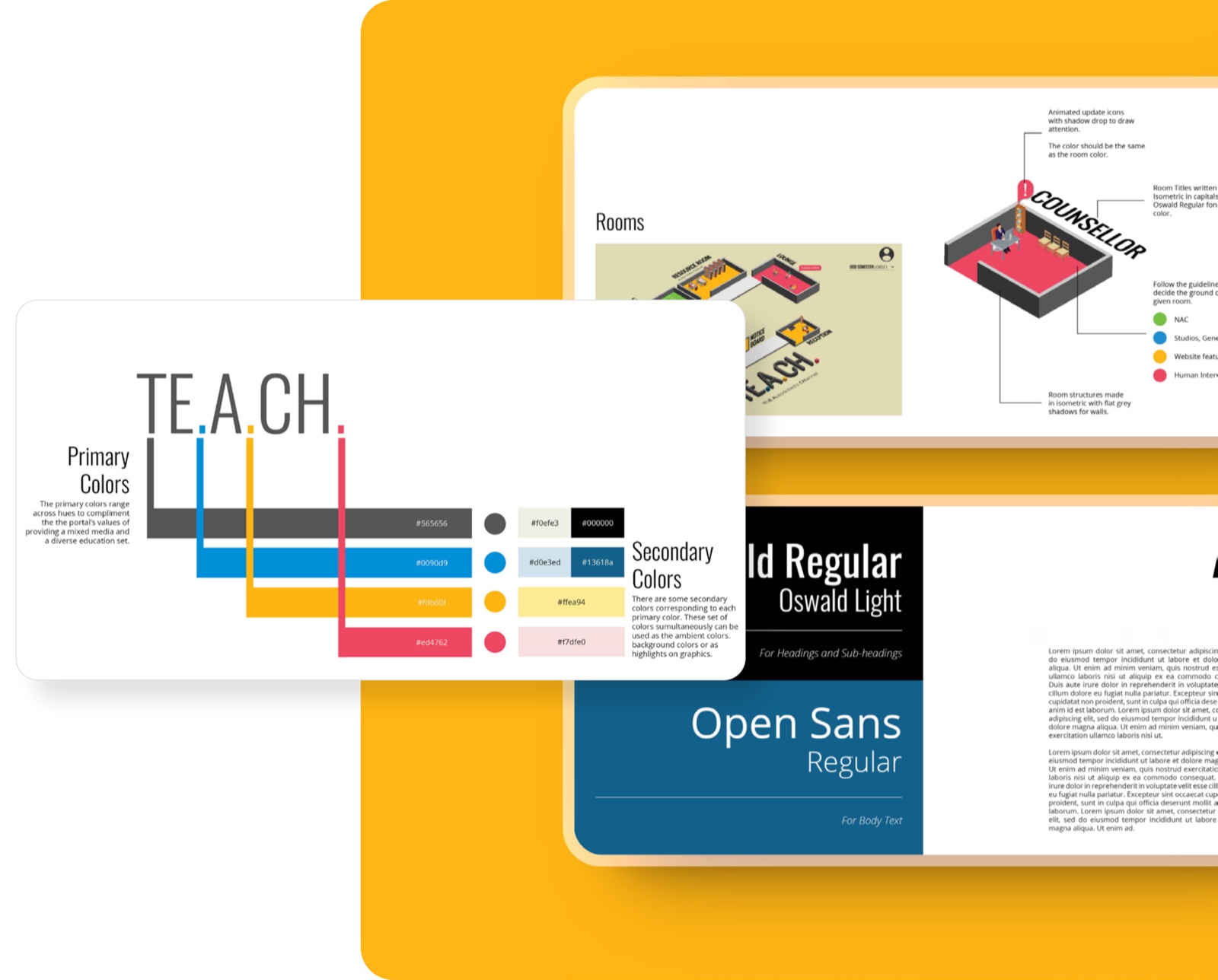 TE.A.CH. style guide — primary and secondary colors, Oswald and Open Sans type, isometric rooms